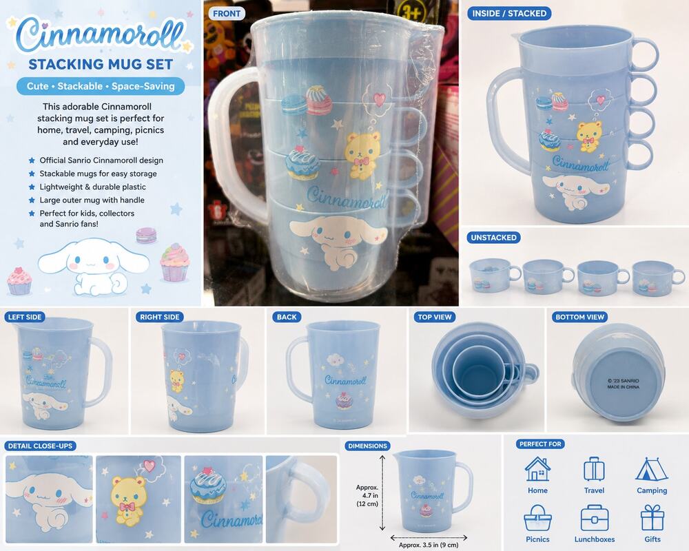 Cinnamoroll Stacking Mug Set – Blue Plastic Cups with Handle | Sanrio Drinkware